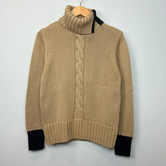 Cleo Cable Knit Split Turtleneck Sweater Camel Navy Trim Cozy Knit - Picture 2 of 11